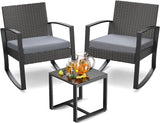 Noelse 3 Piece Patio Furniture Set, Wicker Rocking Chair Set with Table and Cushions for Patio,Balcony,Porch, Gray