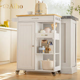 23"L Kitchen Island Cart with 4 Universal Wheels, Kitchen Storage Cart with 3 Open Shelves, 1 Storage Cabinet, 1 Drawer, Tower Rack, 3 Side Hooks - White