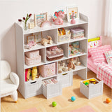 Noelse Toy Storage Cabinet and Kids Bookcase with 4 Movable Drawers and 8 Open Shelves Toy Chest Shelf Organizer with Hidden Wheels for Playroom Nursery Kids Room, White