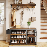 Noelse Hall Tree with Bench, 4 in 1 Coat Rack Set, Industrial Bench with 5 Hooks, 5 Storage Shoe Cubbies, for Entryway, Hallway, Rustic Brown
