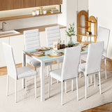 Asofer 7 Piece Dining Table Sets For 6, Glass Kitchen Table, PU Leather Chair, Dining Room, White