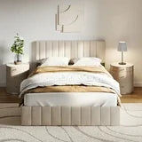Asofer Full Bed Frames with 4 Storage Drawers on Wheels, Headboard Adjustable, Wood Slats, Beige