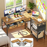 Computer Desk, Lofka 53" L Shaped Computer Desk with Drawers, Office Desk with Power Outlets & 2 * Storage Shelves, CPU Stand for Home Office Bedroom, Retro Desk