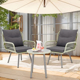 Garden 3 Pieces Patio Bistro Set, Outdoor Wicker Chat Set Balcony Furniture with Glass Coffee Table & Seat Cushions, Waterproof for Poolside, Porch, Deck, Gray Finish