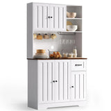 Kitchen Pantry Cabinet, 71" Tall Coffee Bar Cabinet with Microwave Shelf, 5 Doors, 1 Drawers, 8 shelves, Wine glass rack, 4 Hooks, Cable Management