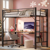 Loft Bed Twin Size with Desk，Lofka Metal loft Bed with Power Outlet, LED Lighted and CPU Station,Noise Free,Rustic Brown