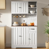 Pantry Cabinet, 71" Coffee Bar Cabinet with Microwave Shelf, Cable Management, 5 Doors, 1 Drawers, 8 shelves, Wine glass rack, 4 Hooks