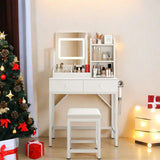 Vanity Desk, Lofka Vanity Mirror with Lights, Small Makeup Vanity Table with 3 Storage Shelves, 2 Drawers and Stool for Women Girls, White