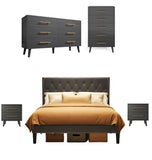 Asofer Black Bedroom Set: Queen Bed Frame with 2 Nightstands & 5+6 Drawer Dressers