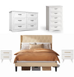 Asofer Modern White Bedroom Set: Queen Bed Frame, 5 & 6 Drawer Dressers and 2 Nightstands