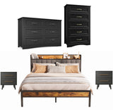 Asofer Black King Bedroom Set with Storage Headboard, 2 Nightstands, 5 & 6 Drawer Dressers
