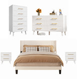 Asofer 5-Piece Complete Bedroom Set: Queen Bed Frame, 2 Nightstands, 5 & 6 Drawer Dressers, White+Beige