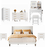Asofer 6-Piece Bedroom Set, Queen Bed Frame, Makeup Vanity with LED Mirror, 5 & 6 Drawer Dressers, 2 Nightstands, White