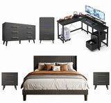 Ultimate Black Office/Gaming Bedroom Set: Complete Setup with L-Desk, King Bed Frame, 2 Nightstands and 2 Drawer Cabinets