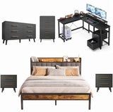 Complete Black Office/Gaming Bundle: King Bed Frame, L-Desk, 2 Nightstands and 2 Drawer Cabinets