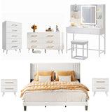 Complete 6-Piece White Bedroom Set with Bed Frame, Vanity, 2 Nightstands and 2 Drawer Cabinets