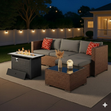 Noelse Patio Furniture Sets, 6 Piece Outdoor Patio Furniture with 45'' Propane Gas Firepit Table, Wicker Outdoor Conversation Set Sectional Sofa for Backyard, Poolside, Garden, Gray