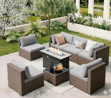 Noelse 8 Piece Outdoor Patio Furniture Set with 45" Propane Gas Fire Pit Table, Outdoor Sectional Conversation Set Wicker Rattan Sofa Set with Coffee Table, Gray