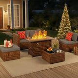 Noelse Patio Furniture Sets, 6 Piece Outdoor Patio Furniture with 45'' Propane Gas Firepit Table, Wicker Outdoor Conversation Set Sectional Sofa for Backyard, Poolside, Garden, Gray