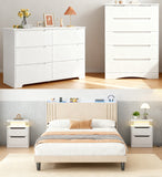 Smart LED White Bedroom Set: Queen Bed Frame with LED Headboard & Charging, 2 Drawer Dressers and 2 Nightstands