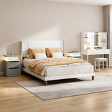 Asofer White 4-Piece Bedroom Set: King bed frame, 2 Nightstands with Charging and LED Vanity