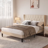 Lofka Queen Size Bed Frame with Wingback Headboard, Upholstered Platform Bed Frame in Beige