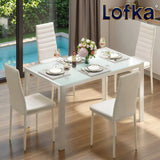 Lofka Dining Table Set for 4, Modern Glass Kitchen Table and 4 PU Leather Chairs, Breakfast Nook, White