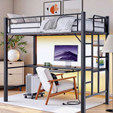 Twin Loft Bed with Desk, Lofka Metal Bunk Bed with LED Lights, Charging Sation, Storage Shelves，Safety Guard and Ladder, Black