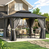 Noelse 10’x12’ Hardtop Gazebo, Permanent Metal Pavilion with Galvanized Steel Double Roof, Outdoor Pergola with Nettings and Curtains for Lawn, Garden, Patio, Gray