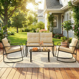 Lofka 4-Piece Outdoor Rocking Patio Furniture Set, Anti-Rust Steel Conversation Set with Loveseat & 2 Rocking Chairs, Waterproof Cushions & Glass Table for Backyard, Porch, Balcony,ide, Cushion-Beige