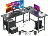 Asofer 66” L Shaped Desk with Drawers, Reversible Corner Computer Gaming Desk with Power Outlet,Black