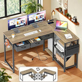 Computer Desk, Lofka 53" L Shaped Gaming Desk with Drawers，Corner Desk with Power Outlets & 2 * Storage Shelves, CPU Stand for Home Office Bedroom, Gray Desk