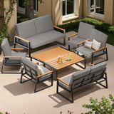 8 Pieces Patio Furniture Set, 8-Person Capacity (2 Loveseats + 4 Chairs + 2 Coffee Tables) | Heavy-Duty Metal Frame, All-Weather, Deep Comfort Seats, Removable Cushions, Modern Wood-Grain, Easy Assem