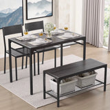 Kitchen Table Set for 4, Lofka Dining Table Set with MDF Bench, Chair and Storage Rack for Small Spaces, Studio, Kitchen, Black