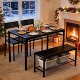 Dining Table Set for 4, Kitchen Table Set with Chairs and Bench, Storage Racks for Small Space | Dining Room, MDF, Black