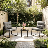 3-Piece Outdoor Furniture Set, Lofka Patio Bistro Table and Rocking Chairs for 2 with Cushions & Backrests for Backyard, Corridor, Gray