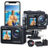 WOLFANG 4K Action Camera, 24MP Dual Screen, 40M Waterproof with Case, EIS Stabilization, WiFi App Control, 170° Wide Angle, Remote, 2 Batteries