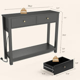 sofer 39" Console Table with 2 Drawers & Outlets and USB Ports, Modern Sofa Table, Narrow Wood Entryway Table for Living Room, Foyer, Black