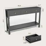 Asofer 3 Drawer Wooden Sofa Table with Outlets and USB Ports, Modern Accent Console Table with Metal Round Handles for Entrance Hall, Black
