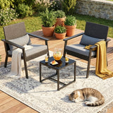 3 Pieces Patio Conversation Set, Lofka Outdoor PE Rattan Patio Porch Furniture Set with 2 Lumbar Pillows, 2 Chairs, Glass Coffee Table & Soft Cushions for Garden/Deck/Courtyard/Poolside, Gray