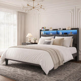 Full Size Bed Frame, Jolifa Upholstered Platform Bed Frame with LED Headboard, Storage Shelf & Charging Station, Dark Gray