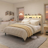 Full Size Bed Frame Jolifa Upholstered Platform Bed Frame with LED Headboard, Storage Shelf & Charging Station, Beige
