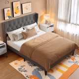 Full Size Metal Bed Frame with Upholstered Headboard, Under Bed Storage, Dark Gray