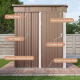 Asofer 5'x3' (15 Sq Ft) Galvanized Metal Outdoor Storage Shed with Single Lockable Door - Brown
