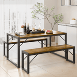 3 Piece Dining Set Wood Top Table & 2 Benches Kitchen Room Furniture