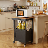 Noelse Rolling Kitchen Island with Storage and Rubber Wood Countertop, Microwaves Stand for Small Space, Black