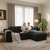 105" Lofka Modular Couch Sectional Corduroy Cloud Sofa Deep Seat L-Shaped Boneless Sectional Couch Black No Assembly