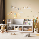 Asofer 66” Kids Toy Organization Cubby Bookcase, 7-Cubbie Bench with Cushion for Children Room Playroom