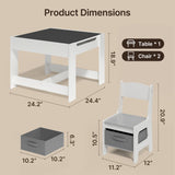 Noelse Kids Table and Chairs with Storage 3 in 1 Toddler Craft Table and Chair set Sensory Table for Toddlers Drawing Reading and Eating in Playroom Kids Room and Daycare, Grey