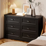 Farmhouse Dresser for Bedroom, 47.2" Wide 6 Drawer Dresser Storage Organizer, Wood Chest of Drawers for Bedroom, TV Stand for 50 inch TV, for Living Room, Hallway - Black